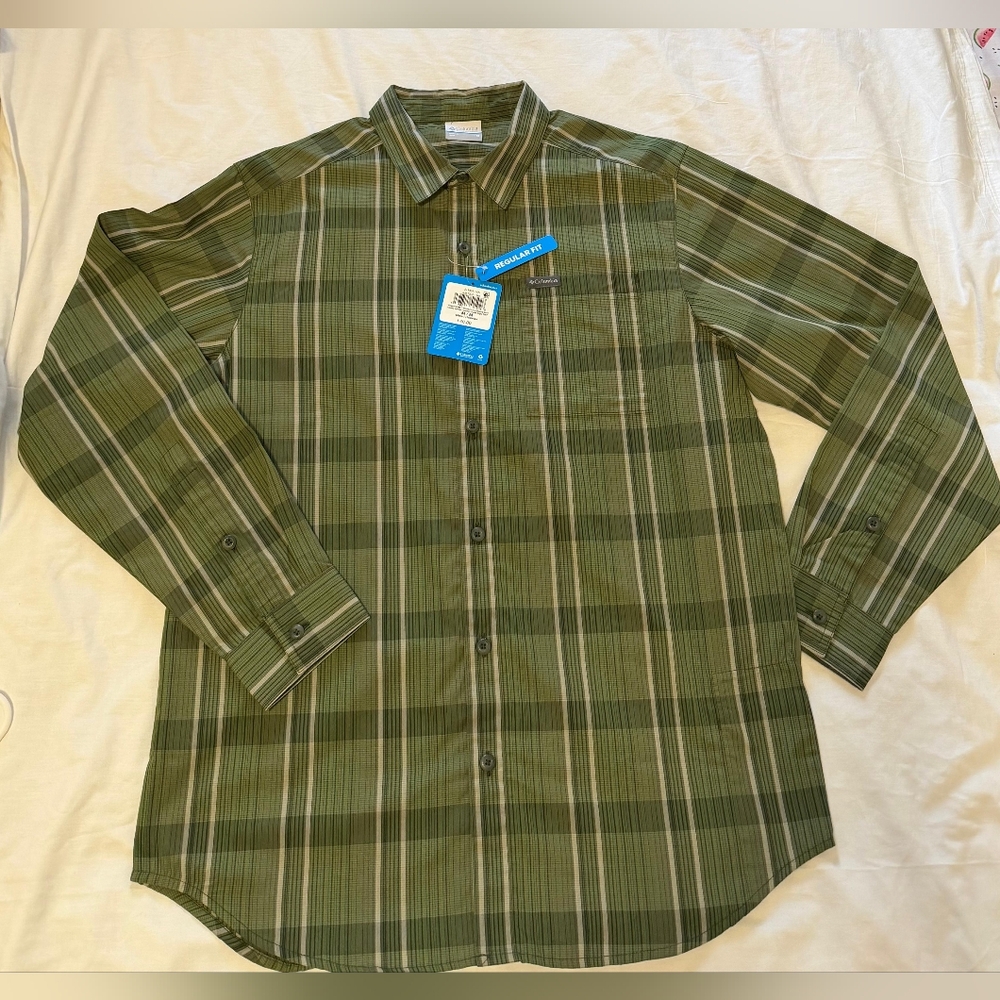 NWT Columbia Men's Olive Plaid Button Down Shirt SIZE M REGULAR FIT